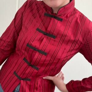 Y2K Vintage Design Lab 100% Silk Red Pinstripe Blouse with Frog Closures — S